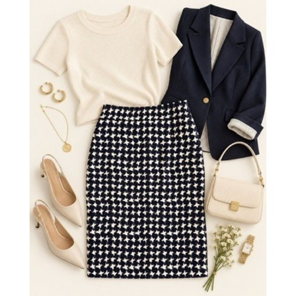 Talbots Petites Women's Black White Houndstooth Pencil Skirt Size 2 Petite